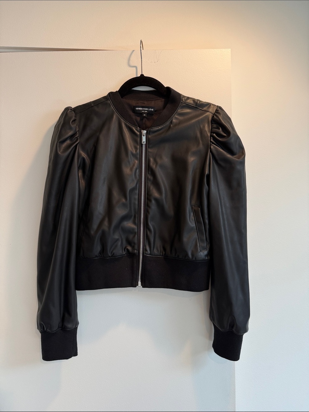 Generation Love Black Faux Leather Puff-Sleeve Bomber Jacket